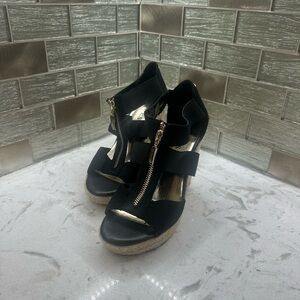 Guess Black and Gold Wedge Comfortable High Heel Sandals size 6
